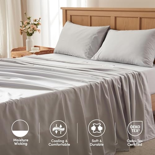 Comfort Spaces Queen Cooling Sheets, Moisture Wicking Coolmax Sheets, Soft, Colorfast Sheet Set, Cooling Bed Sheets For Hot Sleepers, Elastic Deep Pocket Fits Up to 16" Mattress, Queen Grey 4 Piece by Comfort Spaces - Image 5