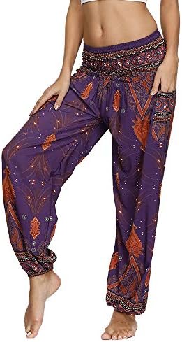 Nuofengkudu Women's Hippie Thai Trousers Boho Vintage Patterned Smocked Waist with Pockets Lightweight Yoga Pants