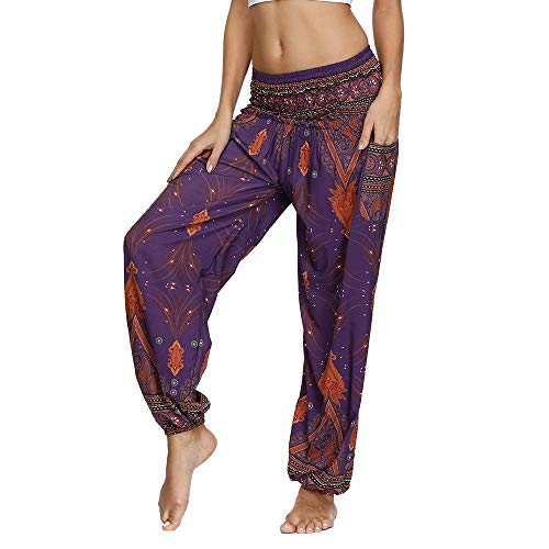Nuofengkudu Mujer Yoga Pantalones Harem Tailandes Hippies Baggy Vintage Boho Flores Verano Alta Cintura Elastica Casual Danza Pilates Pantalon Pants Bombachos(W-Morado Oscuro Pavo,Talla única) Cover