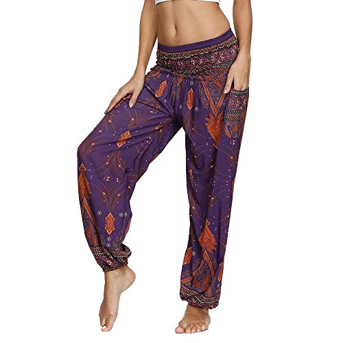 Nuofengkudu Femme Harem Pantalon Hippie Sarouel avec Poches Thailande Vintage Print Motifs Taille Haute Larges Leger Pilates Yoga Pants Été Casual(W-Paon Violet Foncé,Taille Unique)