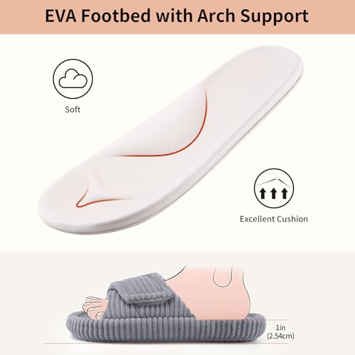 Womens Open Toe Slippers with Arch Support,Corduroy Indoor House Slippers Adjustable Comfort Bedroom Shoes Size 5-122