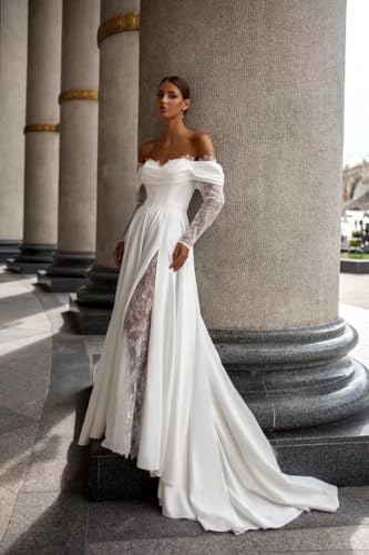 Off Shoulder Satin Wedding Dresses Lace Long Sleeve Prom Dresses Corset A-Line Ball Gowns with Slit2