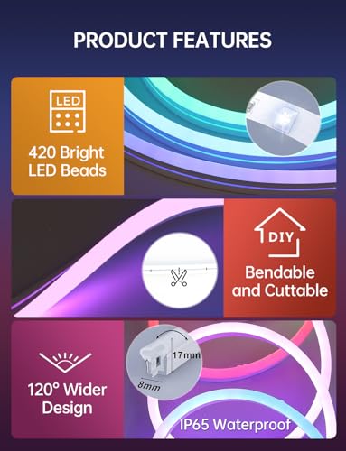 Image of RGB+IC Neon Rope Lights, 16.4 ft Smart LED Rope Light with Music Sync, Works with Alexa, Google Assistant, Custom DIY Flexible Neon Strip Lights for Bedroom, Wall Decor (2.4G WiFi Only)
