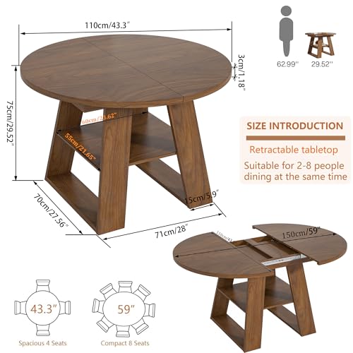Mxtxmy 43.3in-59in Extendable Round Dining Table for 4-8, Modern Kitchen Oval Dining Table with Removable Leaves Space Saving, Wood Base with Storage Shelf for Kitchen Living Room, Walnut Style 2