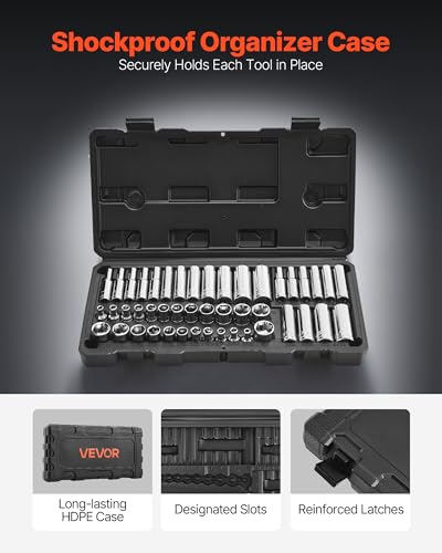 Image of VEVOR Socket Set, 46 Pieces, 1 /4 inch Drive Socket Tool Set, SAE and Metric Size, Deep and Standard, Mechanic Tool Kit with Storage Case, Chrome Plated CR-V Alloy Steel, for Automotive Repair
