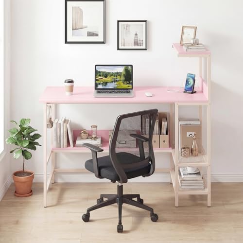 Image of Tangkula 48 inch Reversible Computer Desk with Bookshelves, Home Office Desk with Power Outlets, Hook and Storage Shelves, Writing Study Desk for Living Room, Study Room, Office (Pink)