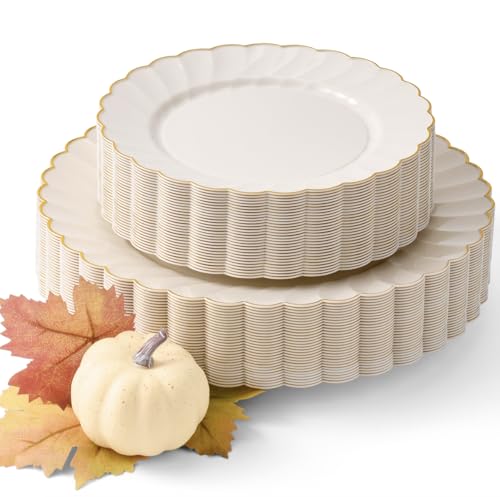 By Madee HEAVYWEIGHT 60 Pcs Ivory Scalloped Plastic Plates with Gold Trim | 30 Dinner & 30 Dessert Plates | High End Disposable Plates | Nice Plastic Plates for Party | Fancy Plastic Plates for Party By Madee HEAVYWEIGHT 60 Pcs Ivory Scalloped Plastic Plates with Gold Trim | 30 Dinner & 30 Dessert Plates | High End Disposable Plates | Nice Plastic Plates for Party | Fancy Plastic Plates for Party