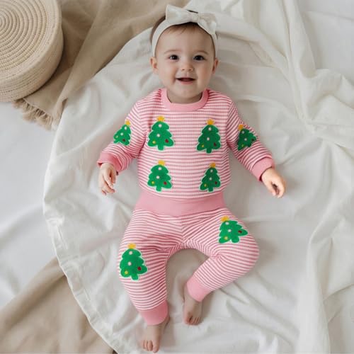 Baby Girl Christmas Outfit Toddler Long Sleeve Waffle Striped Tree Fall Winter Sweatshirt Pullover Kids Pants Set2