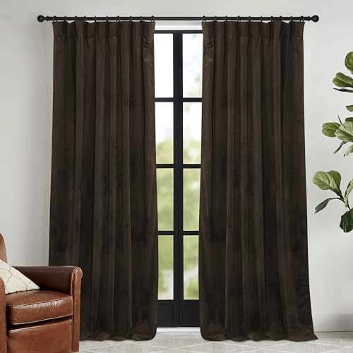 RYB HOME Brown Velvet Curtains 102 inches with Hook Belt, Soft Fabric Room Darkening Thermal Insulated Luxurious Home Decor Curtains for Living Room Bedroom, W 52' x L 102', 2 Panels Set
