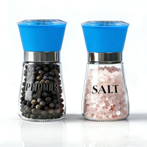 Salt and Pepper Grinder Set of 2 - Refillable Mills & Shakers with Adjustable Coarseness, Easy Clean for Kitchen, Restaurant & Outdoor (Blue)