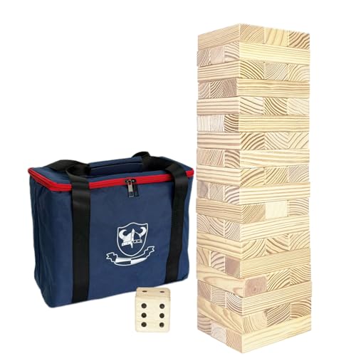 JacJoe All Pro Juego de torre de madera jumbo con dados y bolsa de transporte, juegos clásicos de apilamiento, 54 bloques de construcción para interiores y exteriores (apilado de 60 cm hasta 150 cm)