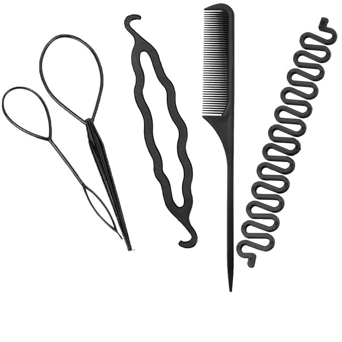 4 in 1 Hair Styling Tool Set for Women & Men | Hair Braiding Tool, Loop Maker, Sectioning Comb & Hair Twister Kit | Professional DIY Hair Styling Accessories (Black) (HAIR STYLER 3)