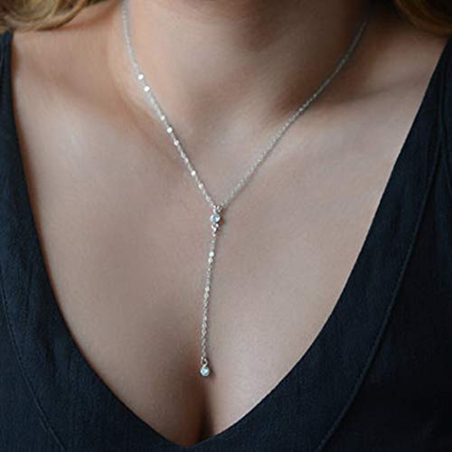 TseanYi Crystal Drop Chain Necklace Rhinestone Dot Pendant Necklace Silver Y Lariat Necklaces Boho Jewelry for Women and Girls (SIlver)