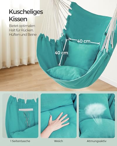 SONGMICS Hängesessel, Hängeschaukel, Hängestuhl mit 2 Kissen, Metallkette, bis 150 kg belastbar, Indoor und Outdoor, Wohnzimmer, Schlafzimmer, mintgrün GDC187Q02 3