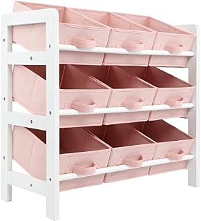 Charles Jacobs 3 Tier Toy Storage Unit with 9 Fabric Boxes for Kids Bedroom (Pink)