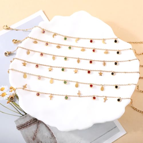 Image of 18K Gold Plated Stainless Steel Dainty Charms Colorful Crystal Birthstone Bracelet Minimalist Cute Jewelry for Women