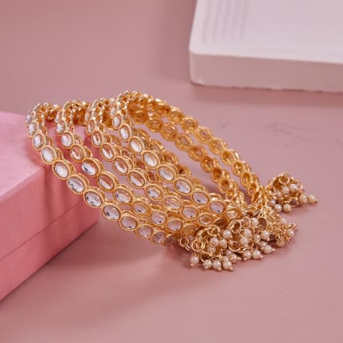 Image of Gold Plated Kundan Bangle Set for Women | Teardrop Stone Bangles with Pearl Beaded Latkan Charm Ethnic Wedding Jewellery | Bangle Set of 4 for Women & Girls