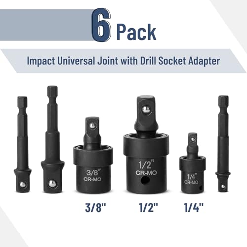 Image of Bates Impact Universal Joint Set, 6 pcs, 1 /2 inch 1 /4 inch 3 /8 inch Socket Adapter Set, Swivel Socket Set
