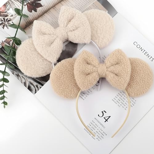 Image of DRESHOW Wool Mouse Ears Bow Headbands Fluffy Hair Bands Bow Hairband Soft Plush Headwear Party Decoration Cosplay Costume for Women