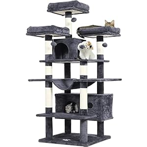 MSmask 67″ Large Cat Tree, Multi-Level Cat Tower with 3 Top Perches, 2 Plush Condos, Scratching Posts, Stable Activity Center with Pedals/Hammock/Spring Ball for Kitten/Big Cat, Smoky Gray