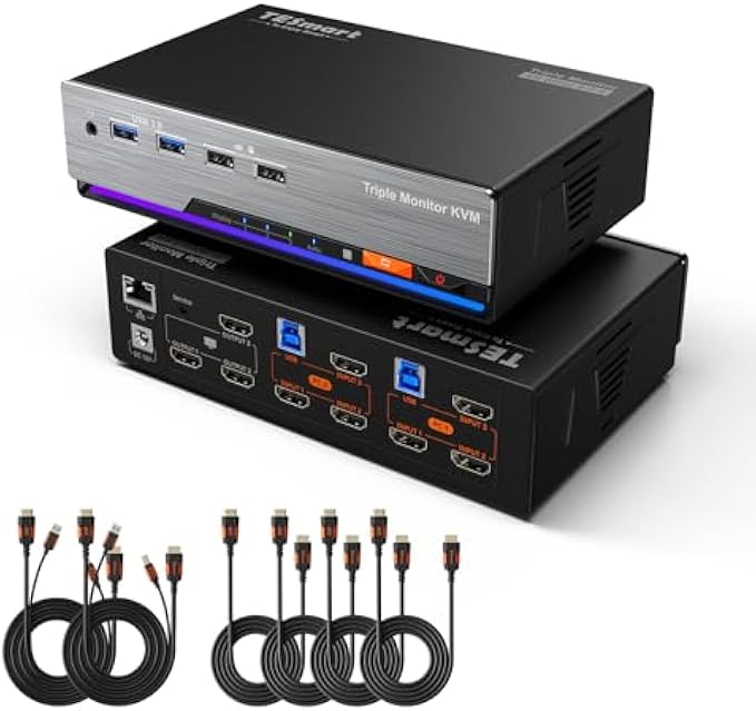 TESmart HDMI KVM Switch 3 Monitors 2 Computers 4K@60Hz, USB 3.0 KVM Switch Triple Monitor 2 Ports HDMI, Support EDID, 1G Ethernet, Hotkey Switch, Audio&Microphone for Gaming & Home Office