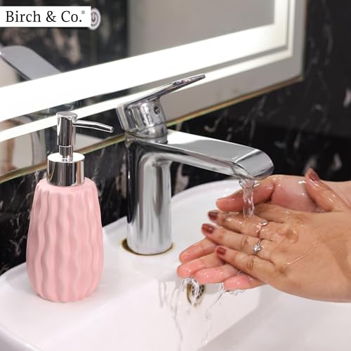 Image of Birch & Co. Ceramic Soap Dispenser For Wash Basin - Handwash Dispenser Bottle - Leak-Proof Design With Silver Glossy BPA-Free Pump, Velo, Pink,Soapdispenser Velo Pink