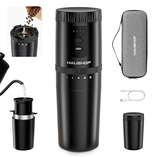 HAUSHOF Macinacaffè Elettrico Portatile Senza Filo con Infusione Integrata, Macinino Ricaricabile, Kit Manuale con Filtro in Acciaio e Tazza Termica da Viaggio, per Campeggio e Outdoor