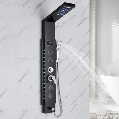 Columna de Ducha Panel de Ducha Baño de Hidromasaje 5 Funciones Sistema de Ducha de Pared de Acero Inoxidable Cepillado con Pantalla LCD Negro