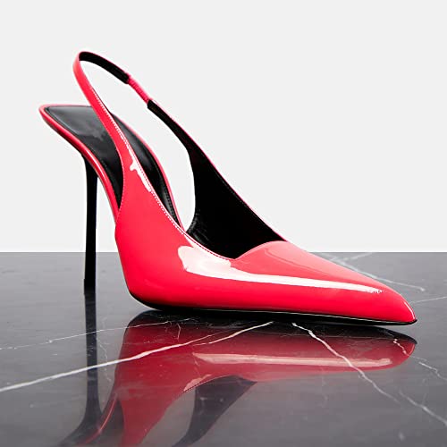 Image of THESHY Women's Pointed Toe High Stiletto Heels Slingback Stretch Slip-on Pumps Backless Patent Leather Fashion Dress Shoes for Women