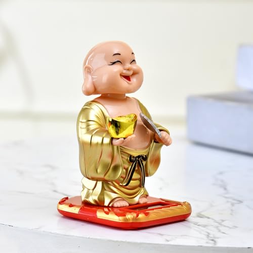 Image of CraftVatika Feng Shui Items for Good Luck, Moving Head Laughing Buddha for Money and Good Luck, Moving Head and Hand Solar Buddha for Car Dashboard Shop Home House, Moving Head Buddha Statue
