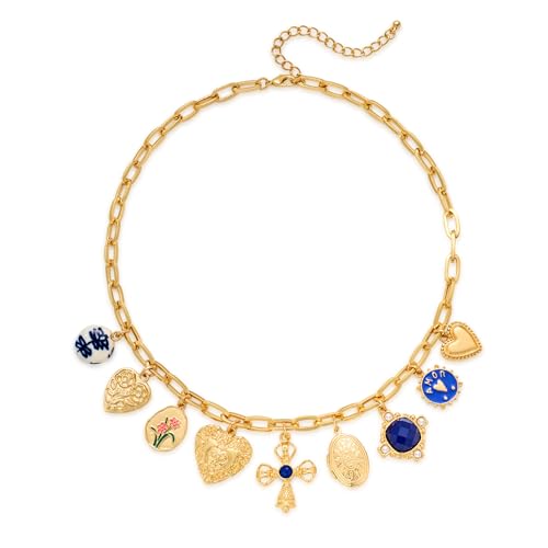 LILIE&WHITE Damen Halskette Gold – Handgefertigte Statement-Kette mit Anhängern, Herz- und Blumenmotiven, Vintage-Stil, Farbecht, Modischer Schmuck für Alltag & besondere Anlässe