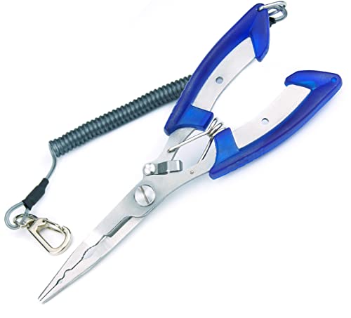Caija-H Long Nose Fishing Pliers Stainless Steel Fish Hook Pliers with Lanyard for Freshwater Saltwater-Fly/Ice fishing Tools, Fishing Forceps Pike Pliers Fishing Gear Accessories (Blue)