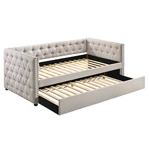 Daybed with A Trundle, HABITRIO Solid Wood Structure Beige Fabric Upholstered Twin Size Day Bed Frame w/Twin Roll-Out Trundle, No Box Spring Needed, Furniture for Bedroom, Living Room, Guest Room