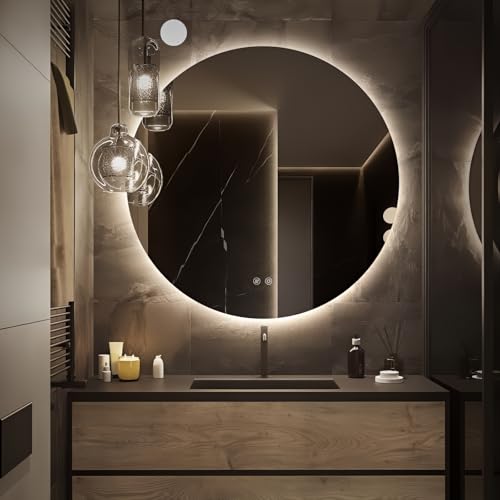 TheiaMo Round LED Mirror for Bathroom, 30" Circle Frameless Backlit Mirror with Lights, Wall Mounted Vanity Mirror, 3 Colors, Dimmable, Anti-Fog, IP65 Waterproof, Memory Function, UL Listed