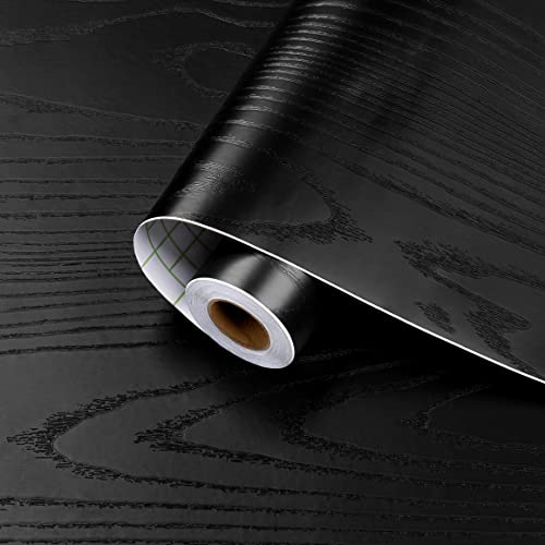 Skyblur 24\" x 118\" Black Wood Contact Paper for Cabinets Peel and Stick Countertops Wallpaper Wood Grain Dark Wall Paper Self Adhesive Removable Vinyl Black Contact Paper for Counter Tops Desktop