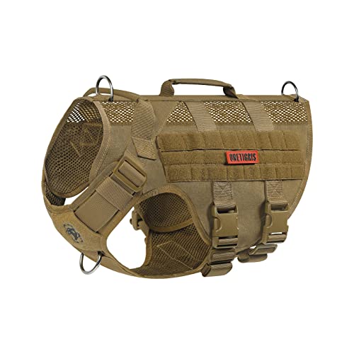 OneTigris Hundegeschirr Mittelgroße Hunde, AIRE MESH Taktisches Anti Zug Geschirr mit 2 Griff Verstellbar Brustgeschirr No Pull Dog Harness Atmungsaktiv Braun M