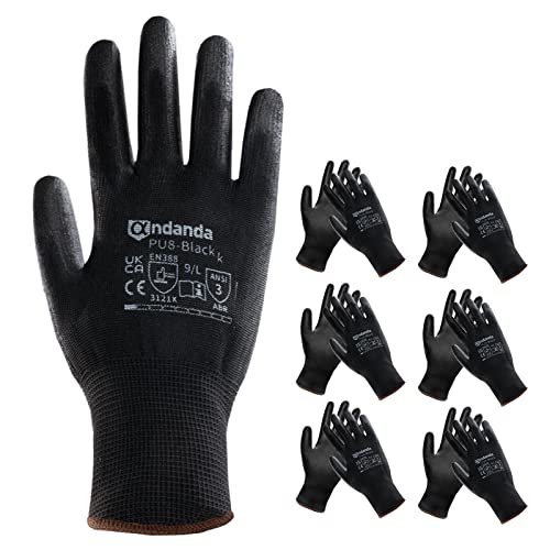 ANDANDA 6 Pairs Safety Work Gloves, Gardening Gloves, Seamless Knit Work Gloves with PU Coated, Non slip, Ideal Black Work Gloves Men, Multi Purpose for General Duty Work,Warehouse,Garden,Assembly XL