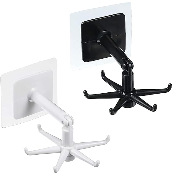 Kitchen Utensil Hanger Wall Mount, 360 Degrees Rotating Folding Multi-Purpose Hook, Self Adhesive Hook Utensil Rack with 6 Hooks for Kitchen & Bathroom Cabinet, Black and White, Pack of 2 Kitchen Utensil Hanger Wall Mount, 360 Degrees Rotating Folding Multi-Purpose Hook, Self Adhesive Hook Utensil Rack with 6 Hooks for Kitchen & Bathroom Cabinet, Black and White, Pack of 2