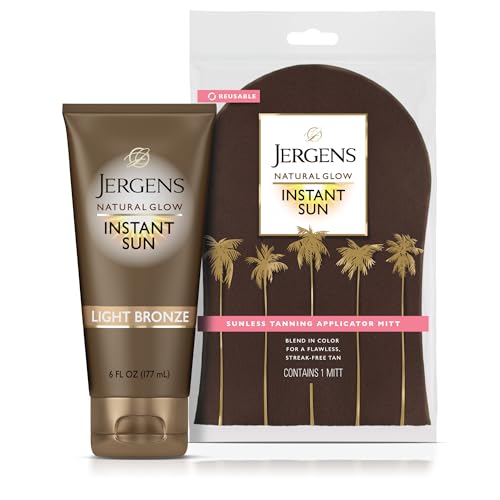 Image of Jergens Natural Glow Instant Sun Bundle: Light Bronze Sunless Tanning Moisturizer + Bronzing Lotion 6oz Bottle and Applicator Mitt