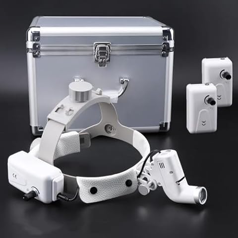 REEHUT 5W LED Surgical Examination Head Light Lamp Spot Size Adjustable with 2 Batteries White Aluminum Box for Binocular loupes Cover