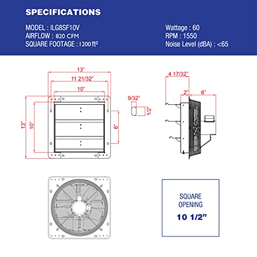 iLiving ILG8SF10V - 10" Wall Mounted Exhaust Fan - Automatic Shutter - Variable Speed - Vent Fan For Home Attic, Shed, or Garage Ventilation, 820 CFM, 1200 SQF Coverage Area (Power Cord Not Included) by iLIVING - Image 5