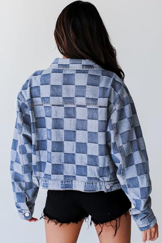 Women's Black Checkered Patchwork Button Up Denim Jacket3