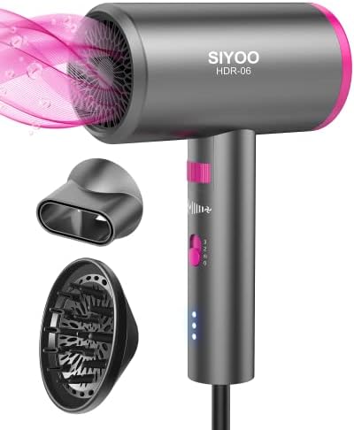 SIYOO Hair Dryer with Diffuser, 1600W Ionic Blow Dryer, Constant Temperature Hair Care Without Hair Damage, Lightweight Portable Travel Hairdryer, Grey Pink