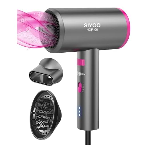 SIYOO Hair Dryer with Diffuser, 1600W Ionic Blow Dryer, Constant Temperature Hair Care Without Hair Damage, Lightweight Portable Travel Hairdryer, Grey Pink