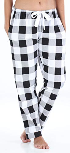 Pajamamania Women's Cotton Flannel Pajama Pj Pants With Pockets, Black And White Buffalo Plaid, Large #TOP2