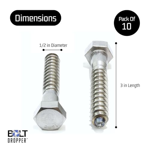 Image of Bolt Dropper 1 /2 inch x 3 inch Stainless Hex Head Lag Bolt Screws, (10 Pack), 304 (18-8) Stainless Steel Coach Bolts /Large Screws for Wood with Plain Finish by Bolt Dropper