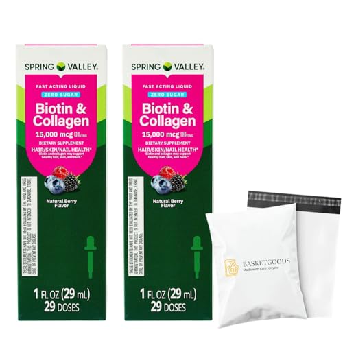 Liquid Biotin and Collagen 15000Mcg, Natural Berry Flavor, Drops for Hair, Skin, Nails - Spring Valley 1 fl oz (Pack of 2) - Set by Basket Goods