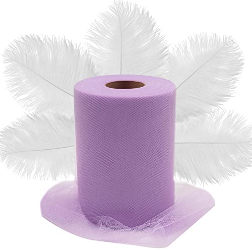 Lavender Tulle (6"X100 Yards) And 20 Pcs Ostrich Feathers (10-12") Bundle #TOP23