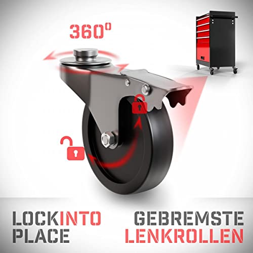 Foto von TIMBERTECH® Werkstattwagen auf Rollen - leer, 4 Schubladen mit Einlagen, 1 Fach, Feststellbremse, aus Stahl, Rot-Schwarz-Werkzeugwagen, Montagewagen, Rollwagen für Werkstatt Werkzeug Zubehör