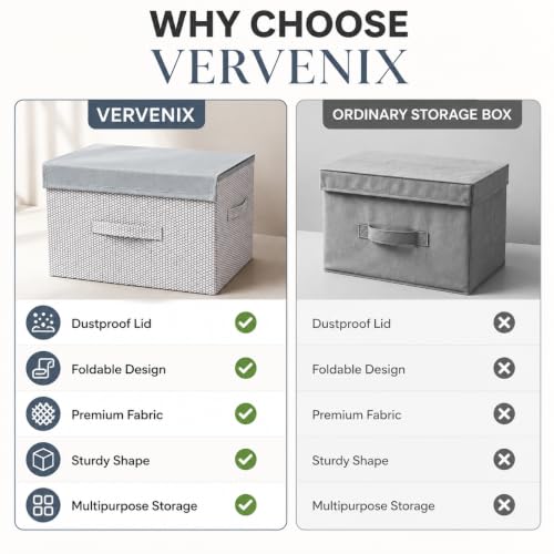 Image of VERVENIX Pack of 3 Storage Box Organiser Large Size | Premium Fabric Bins for Wardrobe, Clothes, Toys & Home Essentials | Collapsible Space Saving Storage Basket in White & Grey